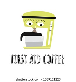 First aid coffee. Vector illustration with smart coffee maker in Doodle style