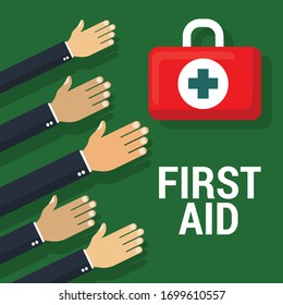 first aid concept - hands reaching out to get first aid suitcase.Conceptual vector illustration in flat style design.Isolated on background.