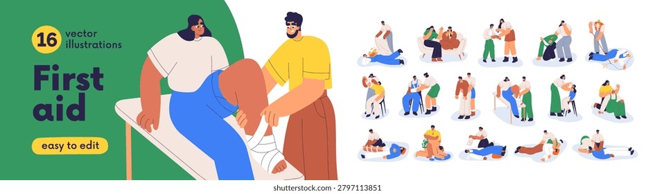 First aid concept set. Life, health rescue instruction, survival treatment after accident. Emergency firstaid, CPR, medical help, resuscitation. Flat vector illustrations isolated on white background