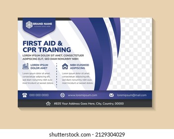 first aid and cpr training abstract geometric flyer template design use horizontal layout combined with purple gradient and black elements. white background with space for photo collage and text