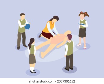 First Aid Cpr Training Class Withe Female Trainer Practicing Cpr On A Doll. Isometric Vector Concept