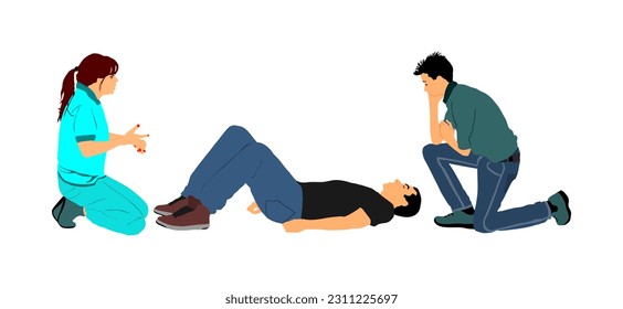 First aid crew demonstration vector illustration isolated. Doctor give lesson trainee to rescue drowning man. Training technique paramedic CPR medical exercise to help patient boy. Urgency assistance.