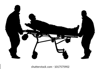 First aid crew help injured person after crash accident transport . Paramedic evacuate man by hospital stretcher trolley silhouette. Helping people after body collapse. Health care. Lifeguard action.