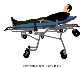 First aid crew help injured person after crash accident transport . Paramedics evacuate man by hospital stretcher trolley. Helping people after body collapse. Health care protection. Lifeguard action.
