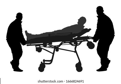 First aid crew help injured person after accident vector silhouette. Paramedics evacuate man by hospital stretcher trolley. Doctor helping people after body collapse. Health care lifeguard action.