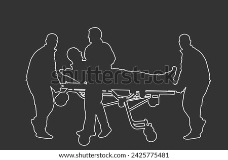 First aid crew help injured person after crash accident transport. Paramedic evacuate man by hospital stretcher trolley silhouette. Helping people after body collapse. Health care. Lifeguard action.