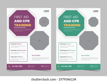 First aid and crp training flyer template. First aid training service promotion poster leaflet template. Crp training flyer poster design