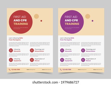 First aid and crp training flyer template. First aid training service promotion poster leaflet template. Crp training flyer poster design