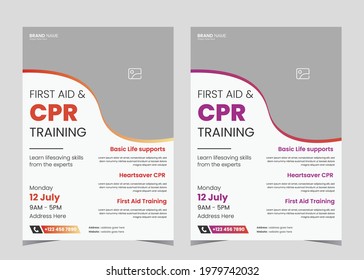 First Aid And Crp Training Flyer Template. First Aid Training Service Promotion Poster Leaflet Template. Crp Training Flyer Poster Design