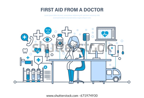 First aid from a doctor, modern medicine,\
medical care, healthcare and insurance, protect, guarantee safety\
patients, ambulance. Illustration thin line design of vector\
doodles, infographics\
elements.