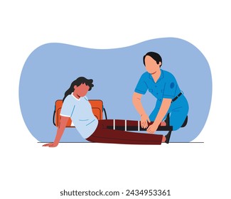 First aid. Doctor or paramedic officer helping patient with fracture in stretcher. Flat style vector design for medical and health care illustration.