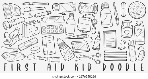 First Aid Doodle Line Art Illustration. Hand Drawn Vector Clip Art. Banner Set Logos.