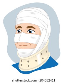 First Aid dressing with bandages on head and neck collar / Illustration of a human head with bandages and using cervical collar to immobilize the neck. Ideal for catalogs, information and guides svg