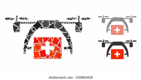First aid drone composition of irregular parts in various sizes and color tones, based on first aid drone icon. Vector trembly parts are organized into collage.