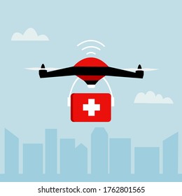 First aid drone delivery concept vector illustration. Remote air drone with a red box and white cross flying in the sky. Modern express delivery of health package by flying drone in flat design.