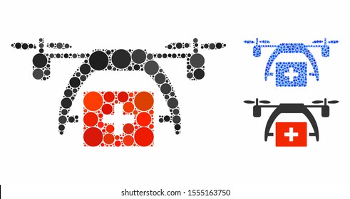 First aid drone mosaic of small circles in various sizes and color hues, based on first aid drone icon. Vector small circles are united into blue collage.