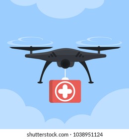 First aid drone with red box and white cross.