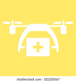 First Aid Drone vector icon. Style is flat symbol, white color, rounded angles, yellow background.