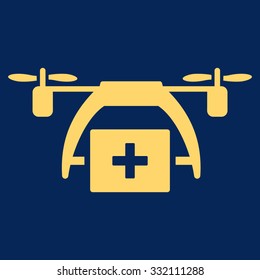 First Aid Drone vector icon. Style is flat symbol, yellow color, rounded angles, blue background.
