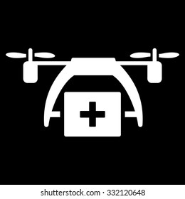 First Aid Drone vector icon. Style is flat symbol, white color, rounded angles, black background.