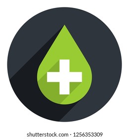 First aid drop green sign with white cross on circular icon. Flat long shadow style. Vector illustration a graphic element for design