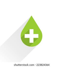 First aid drop green sign with cross with gray long shadow on white background in simple flat style. Graphic design elements vector illustration save in 8 eps