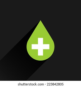 First aid drop green sign with white cross with black long shadow on gray background in simple flat style. Graphic design elements vector illustration save in 8 eps