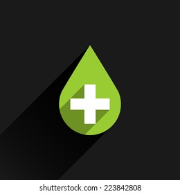 First aid drop green sign with cross and long shadow on dark background in simple flat style. Graphic design elements vector illustration save in 8 eps