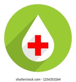First aid drop white sign with red cross on circular icon. Flat long shadow style. Vector illustration a graphic element for design