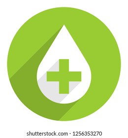 First aid drop white sign with green cross on circular icon. Flat long shadow style. Vector illustration a graphic element for design
