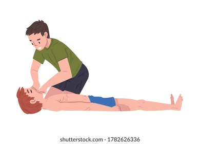 First Aid to Drowned Person, Young Man Helping Friend in Unconscious Drowning Vector Illustration