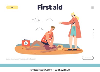 First aid to drowning concept of landing page with beach lifeguard doing artificial respiration woman after sinking. Professional rescuer saving tourist female. Cartoon flat vector illustration