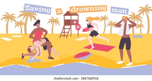 First aid drowning flat composition with text and view of beach with people resuscitating pulled person vector illustration