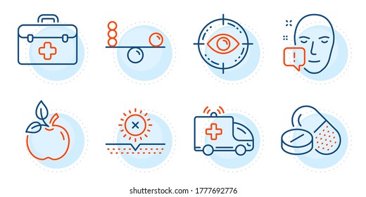 First aid, Eco food and Balance signs. Medical drugs, No sun and Face attention line icons set. Eye target, Ambulance car symbols. Medicine pills, Uv protect. Healthcare set. Outline icons set. Vector