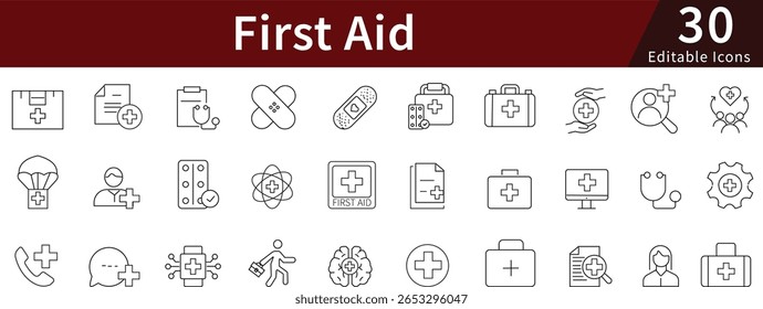 Ícones de linha editáveis de primeiros socorros para emergência médica, saúde, segurança e equipamentos de tratamento