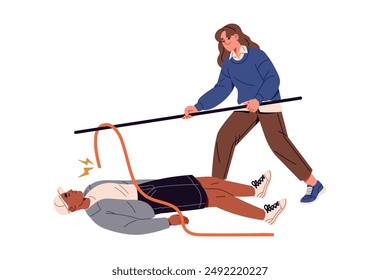 First aid in electric shock, accident. Safety measures in help in electricity injury. Woman removes live wire, cable with stick. Life rescue. Flat isolated vector illustration on white background