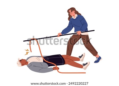 First aid in electric shock, accident. Safety measures in help in electricity injury. Woman removes live wire, cable with stick. Life rescue. Flat isolated vector illustration on white background