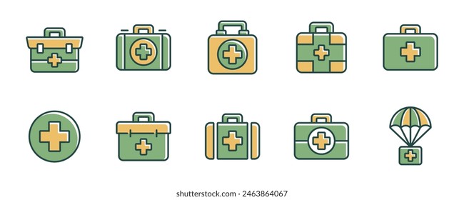 first aid emergency box icon set medical kit health care case medicine treatment vector illustration for web and app