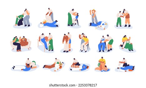 First aid, emergency concept. Firstaid, CPR, medical help, resuscitation set. Life, health rescue instruction, survival treatment after accident. Flat vector illustrations isolated on white background