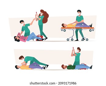 First aid. Emergency help different stages doctors helping people life protection garish vector colored flat people