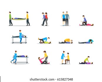 First Aid Emergency Help with People Set Flat Style Design. Vector illustration of Reanimation