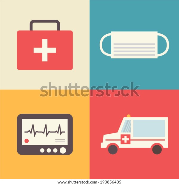 First aid, emergency icons set. First-aid kit,\
bandage, ECG and emergency car. Medical vector illustration made in\
flat design.