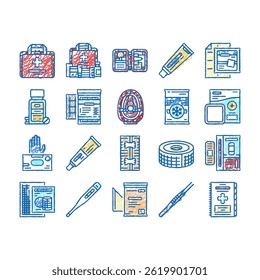 first aid emergency medical doodle icons set vector. medicine hospital, doctor health, care help, cross kit, treatment box, safety first aid emergency medical sketch hand drawn