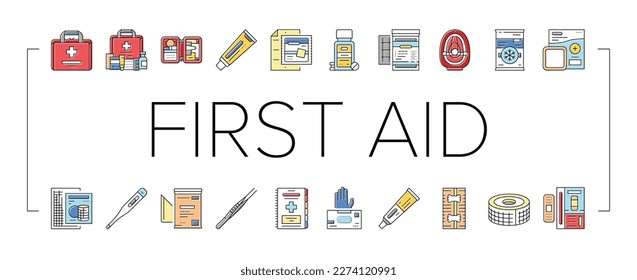 first aid emergency medical icons set vector. medicine hospital, doctor health, care help, cross kit, treatment box, safety first aid emergency medical color line illustrations