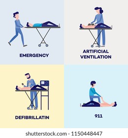 First aid, emergency and medical rescue scenes posters set. Male, female nurses and doctors doing defibrillation, artificial ventilation, calling 911 helping disabled people on wheelchair vector