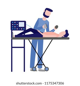 First aid, emergency and medical rescue concept with male nurse in medical uniform doing reanimation with defibrillator. Vector man doctor helping injured man patien to live