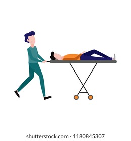 First aid, emergency and medical rescue concept with female nurse in medical uniform pushing gurney with lying male. Vector women doctor helping injured man patient