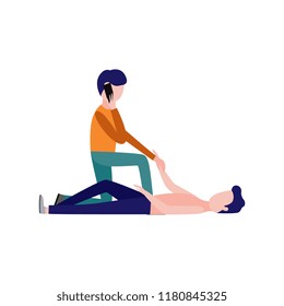 First aid, emergency and medical rescue concept with female character calling emergency service to lying at ground man. Vector women passing by helping injured man