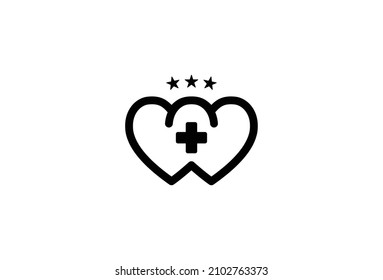 First Aid Emergency Minimal Logo Symbol Design. Vector Logo Template. A modern symbol of 2 hearts intersecting with a red cross inside. First Aid covid-19 pandemic medical ambulance care. EPS10