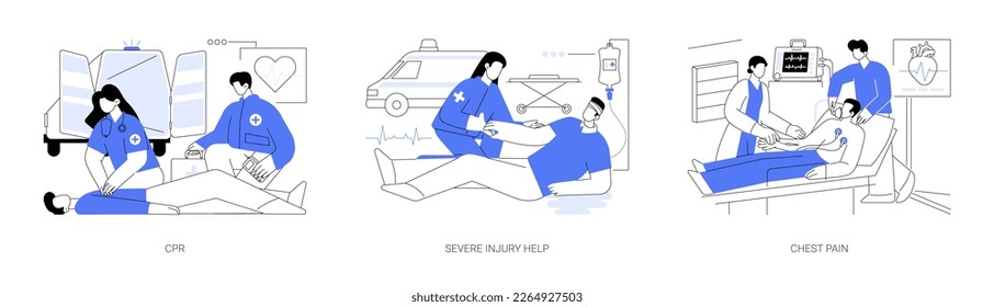 First aid in emergency situations abstract concept vector illustration set. CPR, severe injury in accident, chest pain, paramedics help, bleeding patient, heartburn disease abstract metaphor.